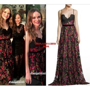 Marchesa Notte Black Pink Embroidered Lace Long Evening Dress Size 10